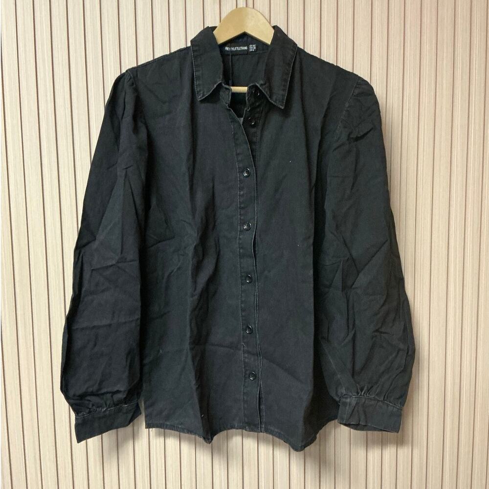 PrettyLittleThing Petite Black Washed Balloon Sleeve Denim Shirt Size US 8